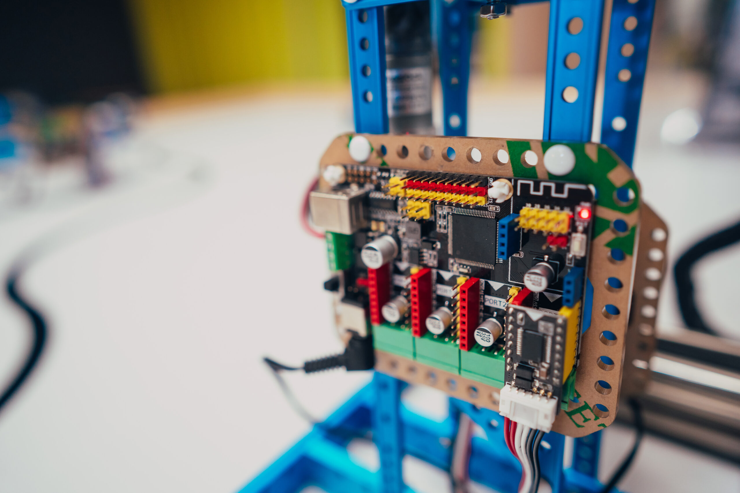 Electronic circuit board with processor and wires, close view